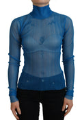 Blouse Dolce & Gabbana bleu en mesh à col roulé à manches longues, vue de face.