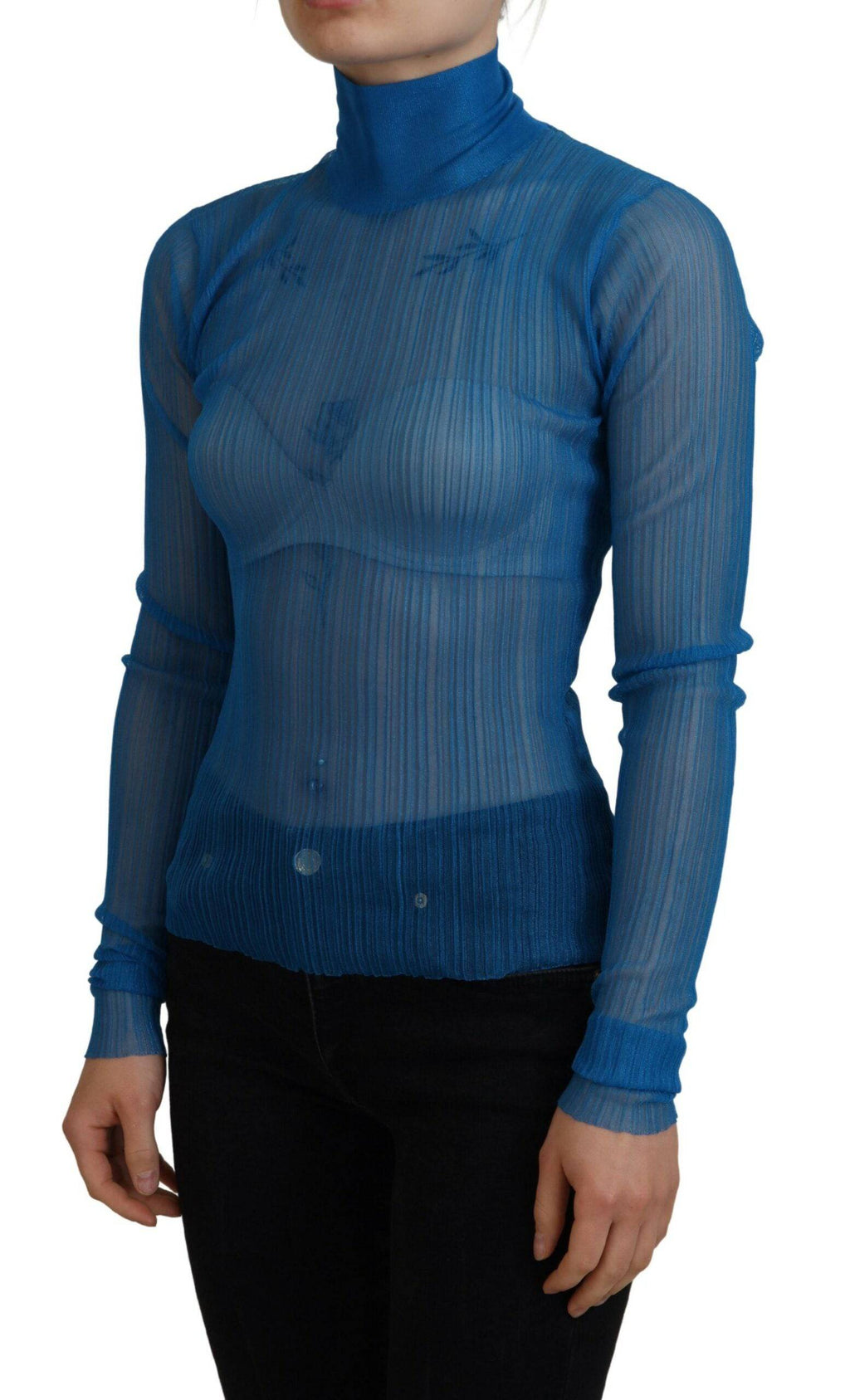 Haut en maille bleue Dolce & Gabbana à col roulé à manches longues, élégant et ajusté, pour un style chic et moderne.