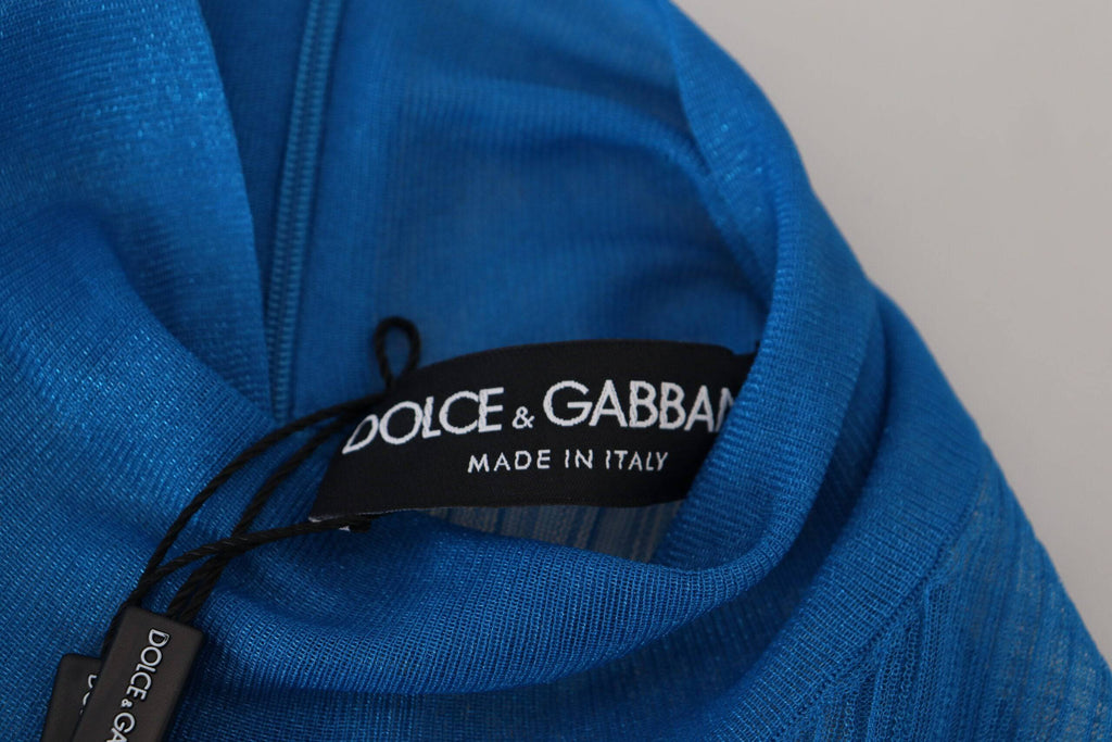 Blouse Dolce & Gabbana à manches longues en mesh bleu avec col roulé, élégant haut tendance pour femme.