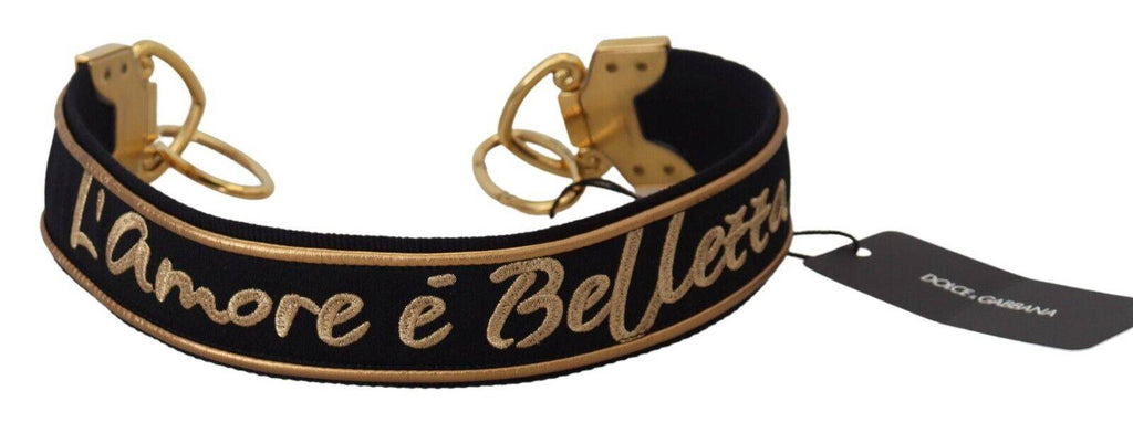 Sangle d'épaule en laiton avec logo imprimé noir et or de Dolce & Gabbana, pour sac à main élégante et sophistiquée.