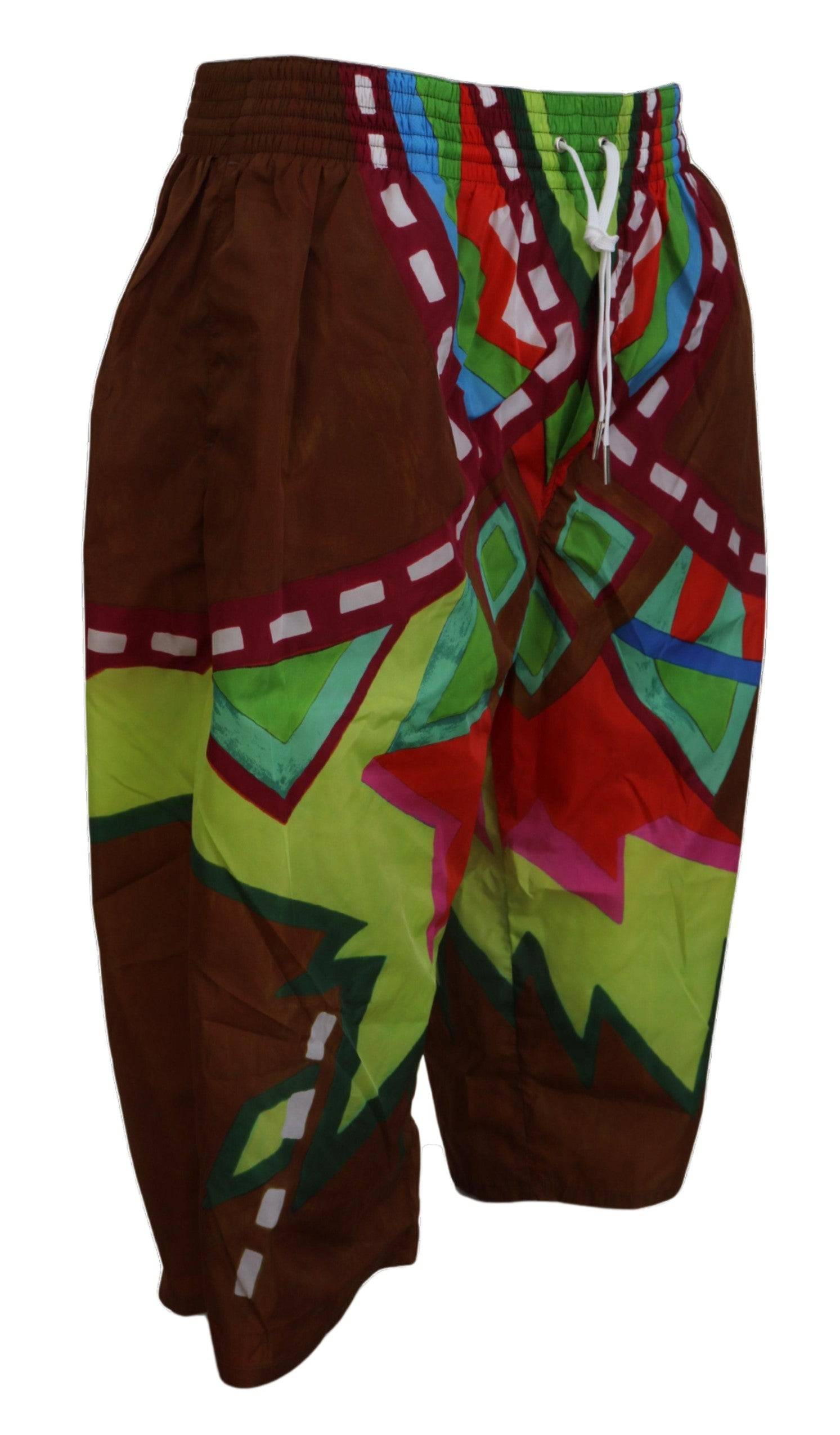 Shorts de bain multicolores pour hommes Dsquared², motif imprimé, style plage et maillot de bain, visible en détail dans l'image.