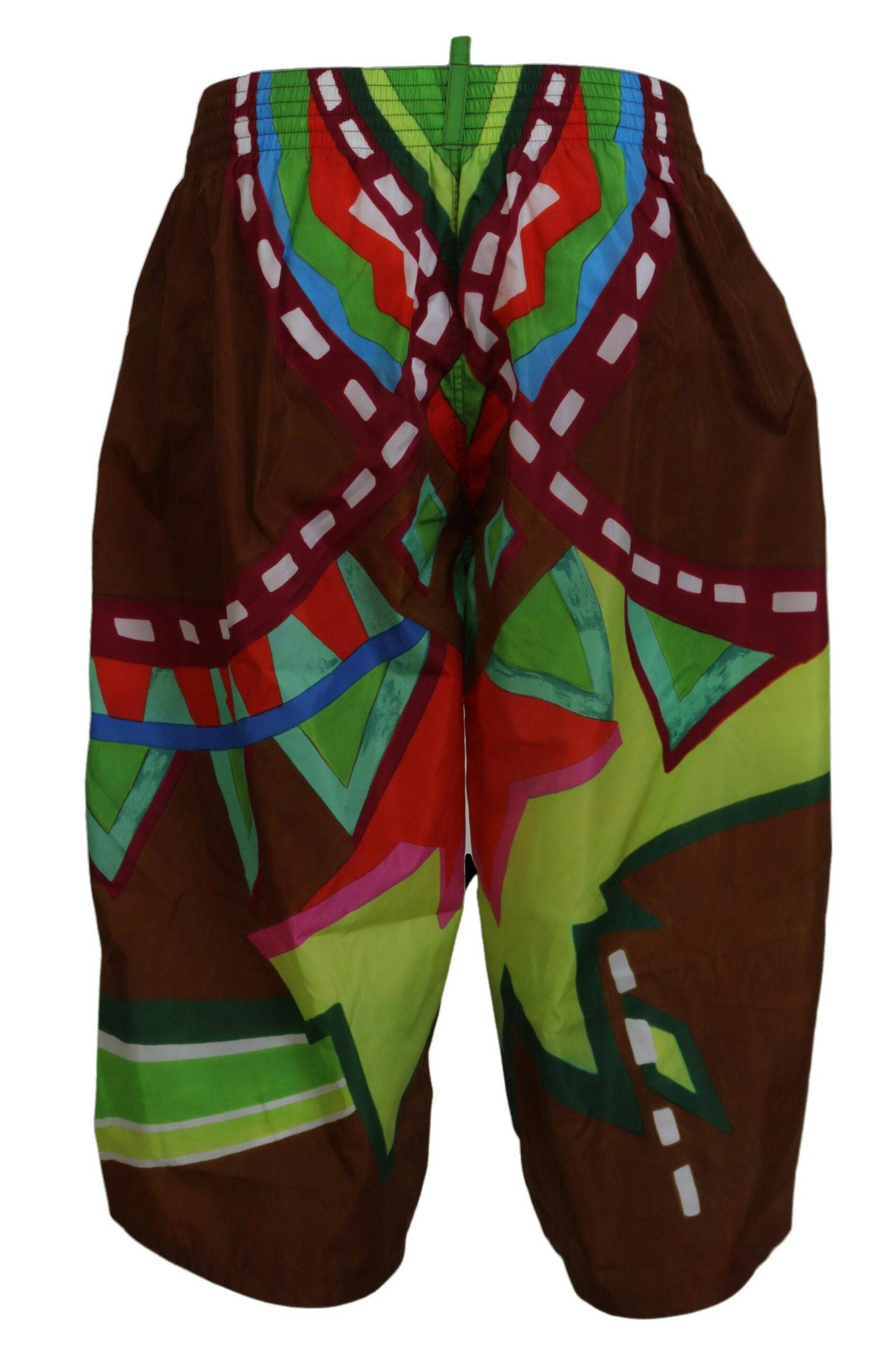 Shorts de bain pour hommes Dsquared² à imprimé multicolore, maillot de plage tendance avec motif coloré et style décontracté.