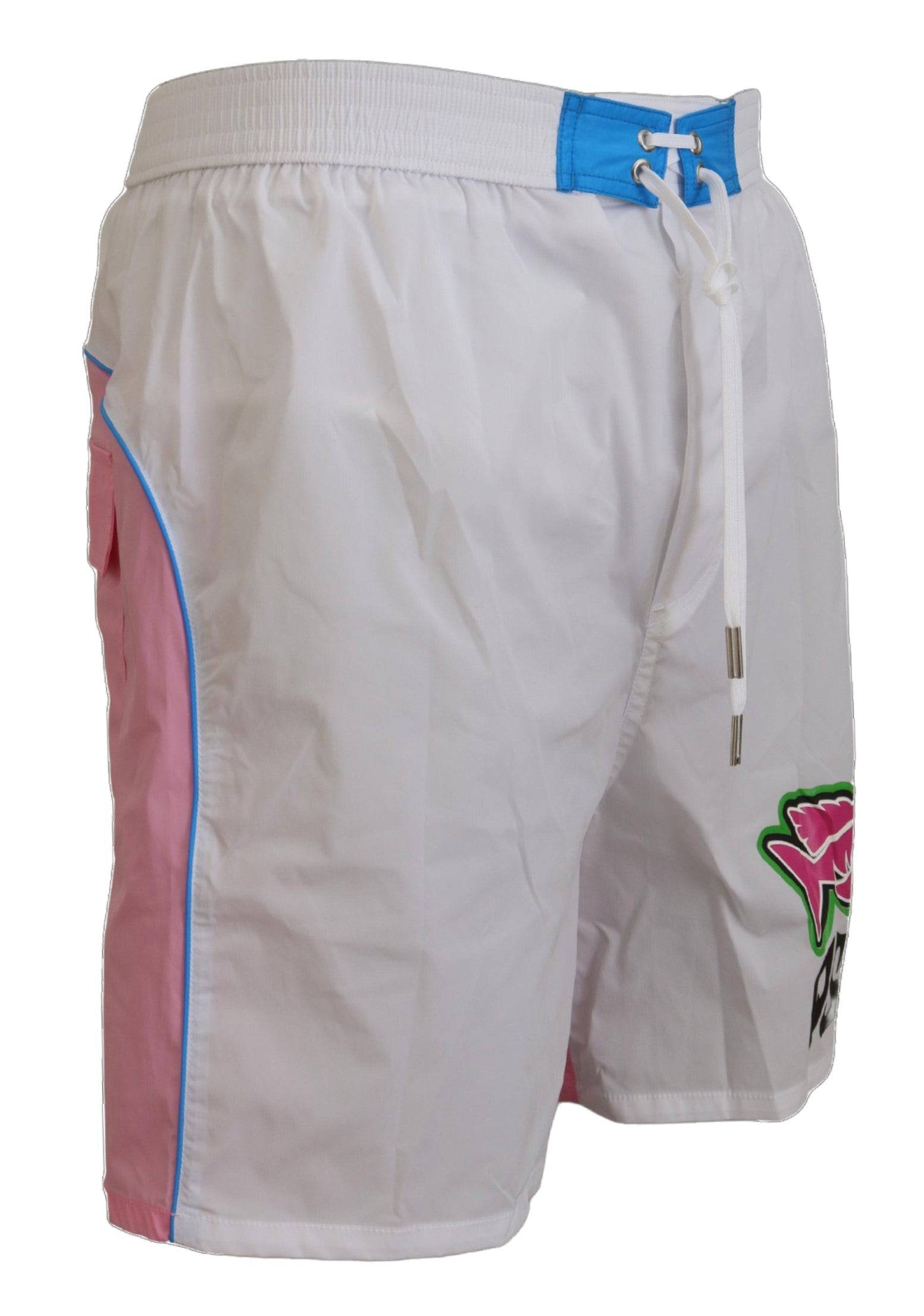 Shorts de bain pour homme Dsquared² blancs avec logo rose et imprimé, parfaits pour la plage et la détente.