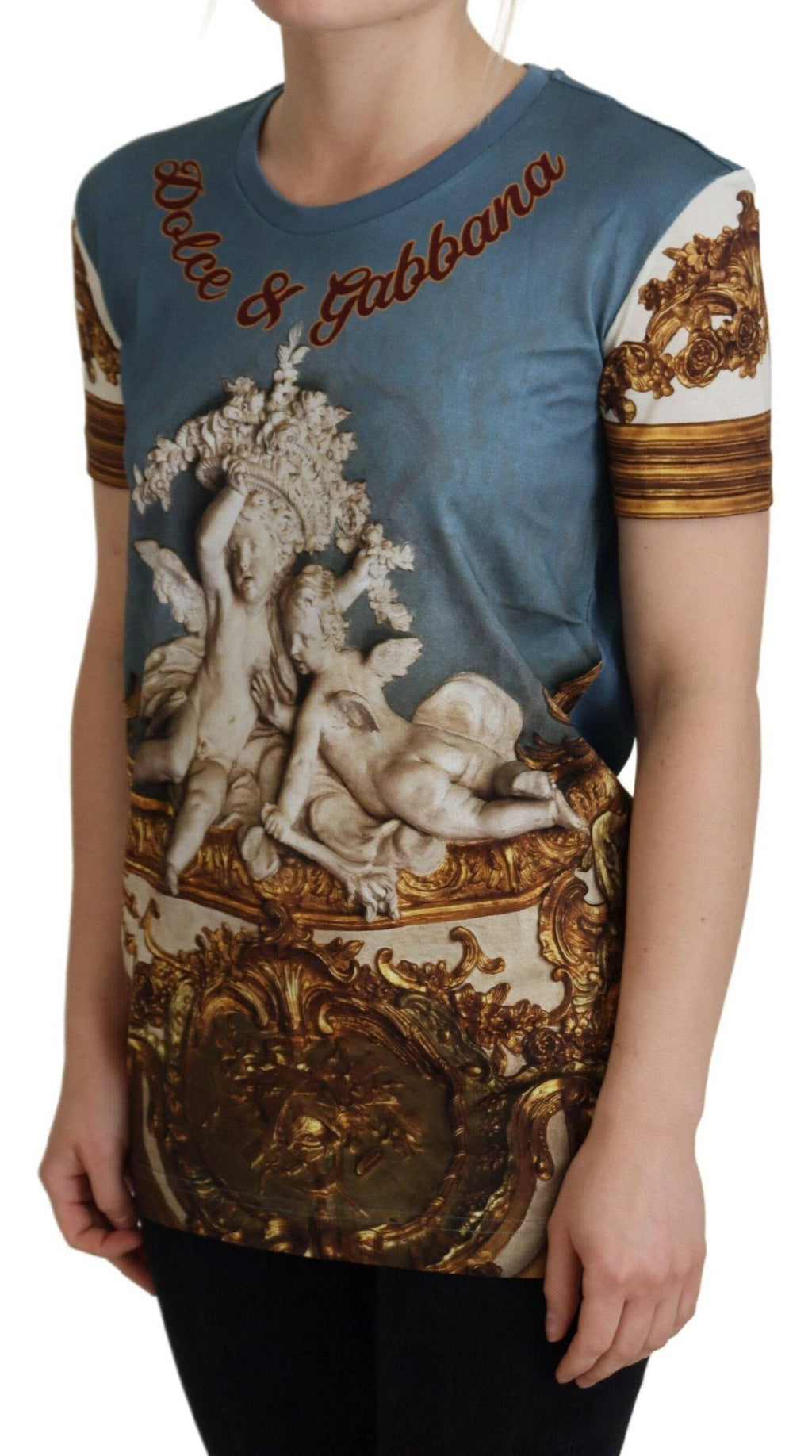 Chemise Dolce & Gabbana multicolore avec logo DG et motif d'ange imprimé, style élégant et tendance.
