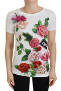 Haut à manches courtes blanc Dolce & Gabbana avec logo DG et motif de roses imprimé, style élégant et tendance.