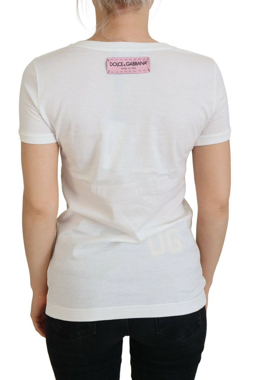 T-shirt blanc Dolce & Gabbana à manches courtes avec logo DG et imprimé de roses, style élégant et décontracté.