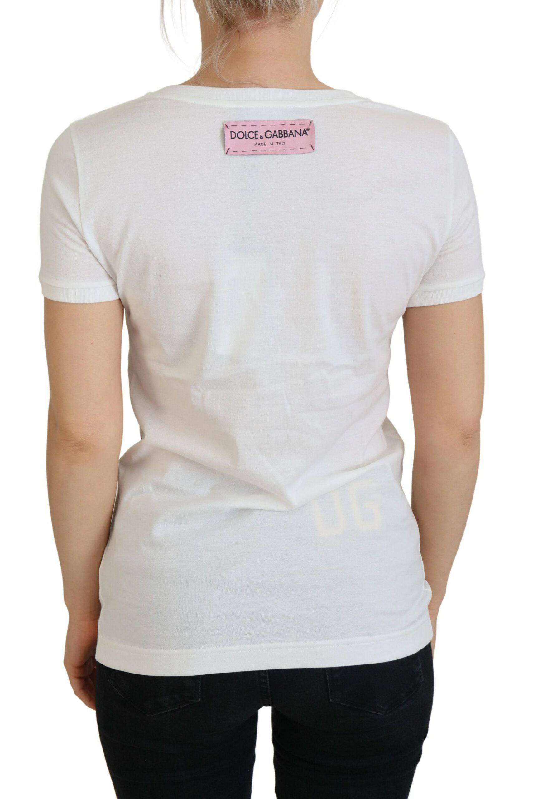 T-shirt blanc Dolce & Gabbana à manches courtes avec logo DG et imprimé de roses, style élégant et décontracté.