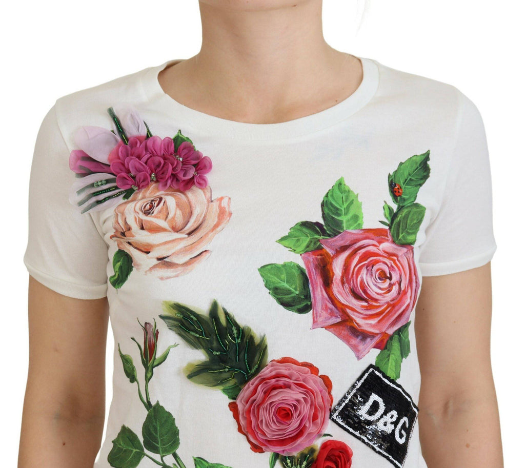 T-shirt à manches courtes blanc Dolce & Gabbana avec imprimé de roses et logo DG, élégant et décontracté.