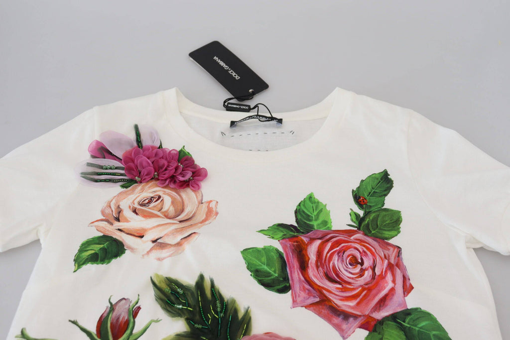 T-shirt à manches courtes blanc Dolce & Gabbana avec imprimé Rose et logo DG, style élégant et décontracté.