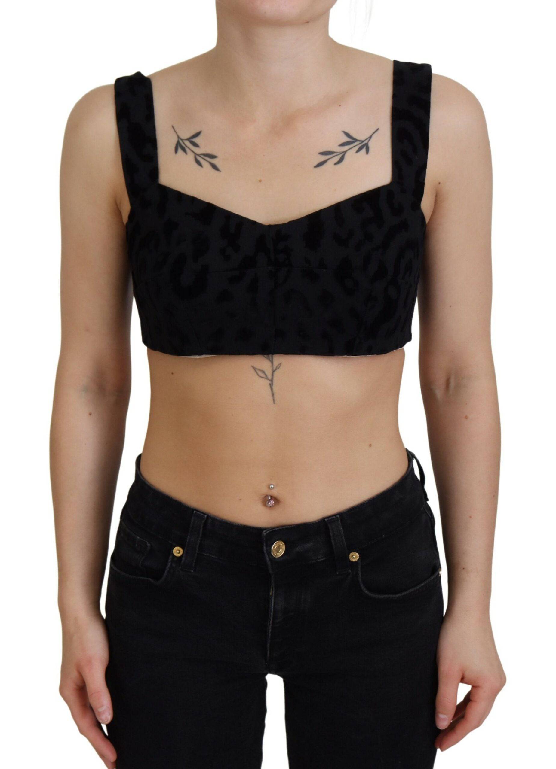 Top bustier court noir à motif léopard de Dolce & Gabbana, ajusté avec détails élégants et tissu texturé.