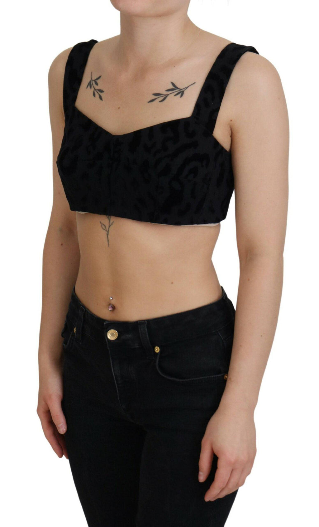 Top bustier corset noir à imprimé léopard de Dolce & Gabbana, coupe courte et détails élégants, pour un style audacieux.