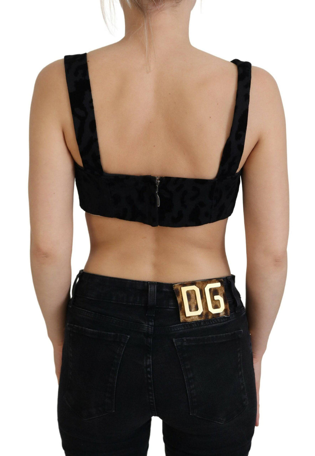 Top corset court Dolce & Gabbana noir à motif léopard, bustier cropé avec détails élégants.