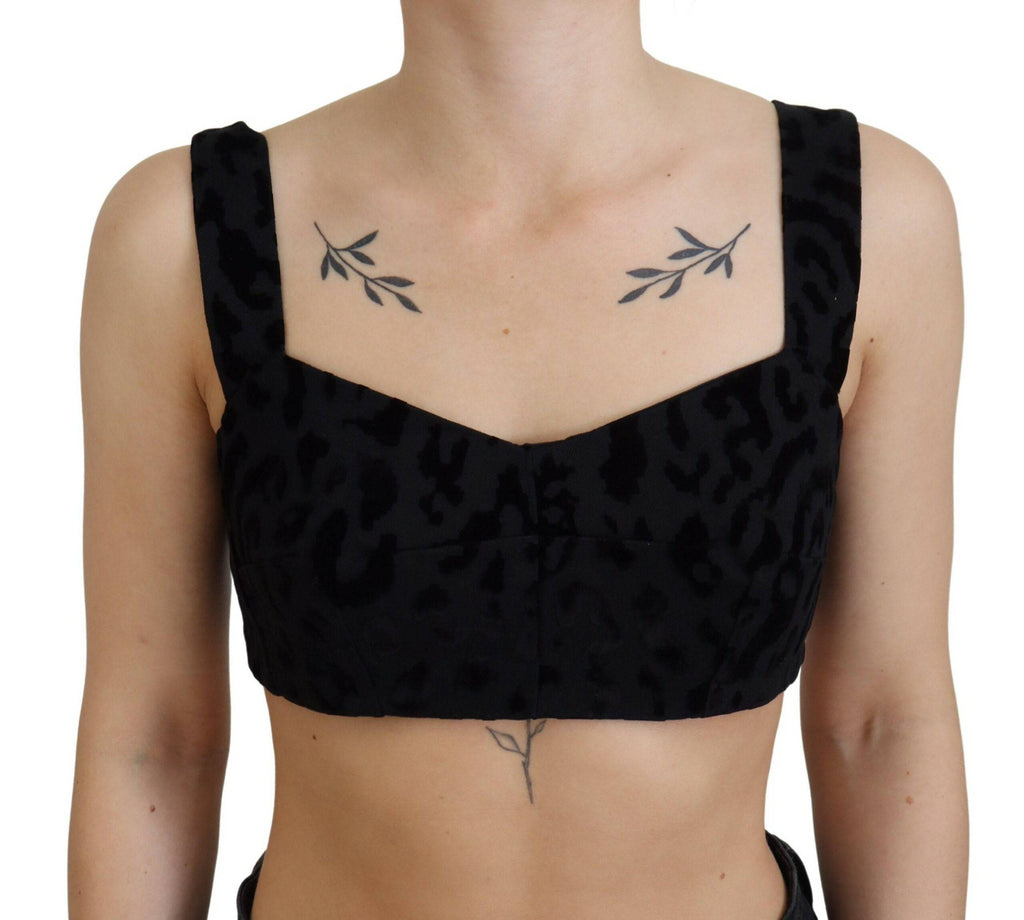 Top bustier noir à motif léopard de Dolce & Gabbana, coupe courte et ajustée, en tissu élégant et tendance.
