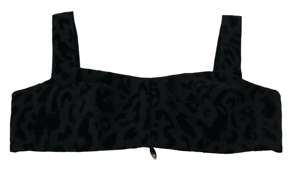 Bustier corset noir à motif léopard de Dolce & Gabbana, haut court ajusté avec détails élégants.