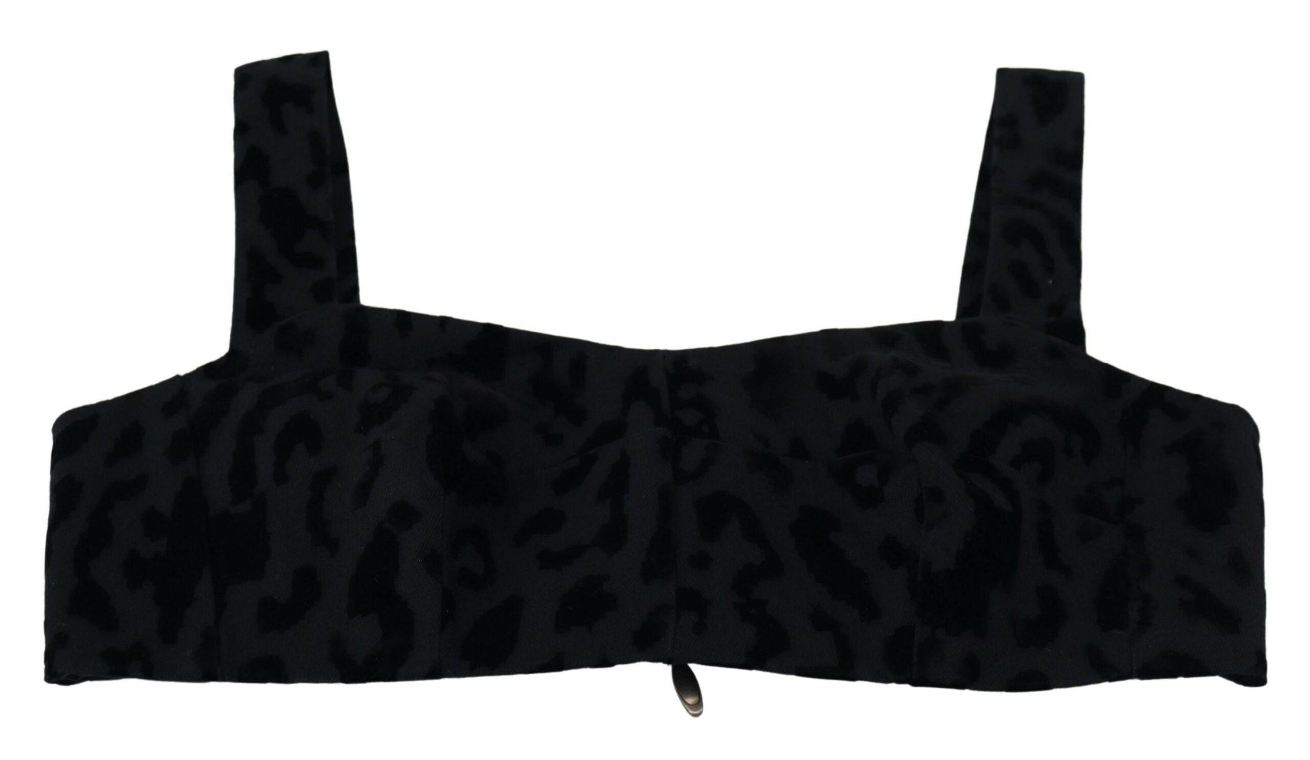 Bustier corset noir à motif léopard de Dolce & Gabbana, haut court ajusté avec détails élégants.