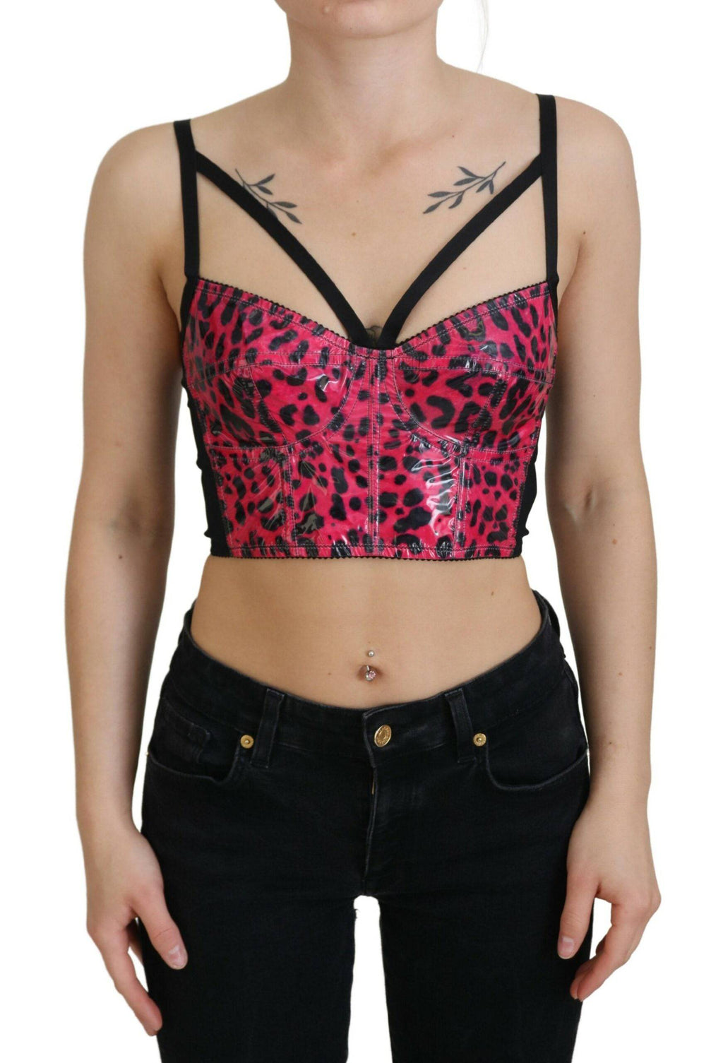 Corset crop top Dolce & Gabbana à imprimé léopard rose, ajusté et élégant, en tissu léger avec détails sophistiqués.