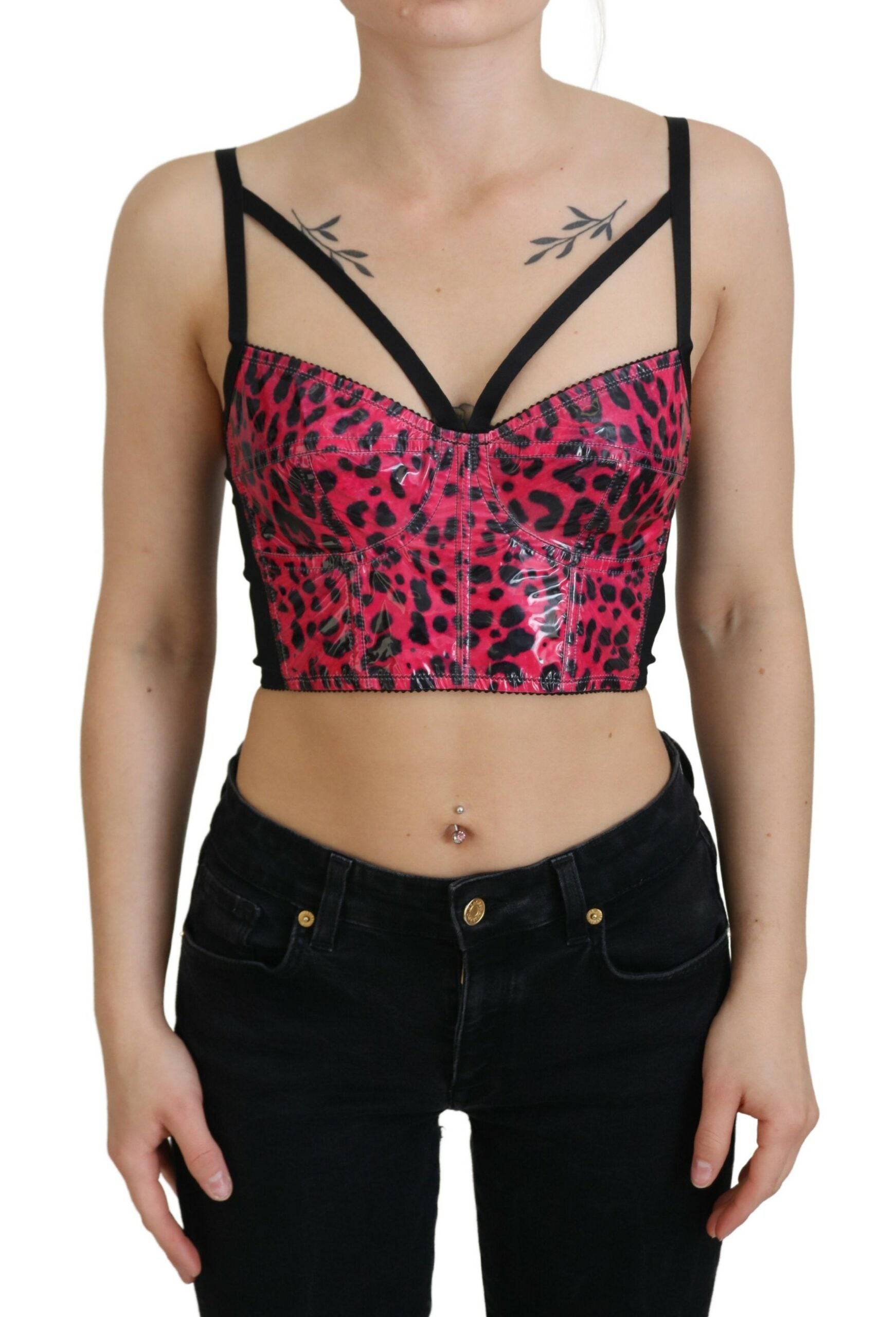 Corset crop top Dolce & Gabbana à imprimé léopard rose, ajusté et élégant, en tissu léger avec détails sophistiqués.