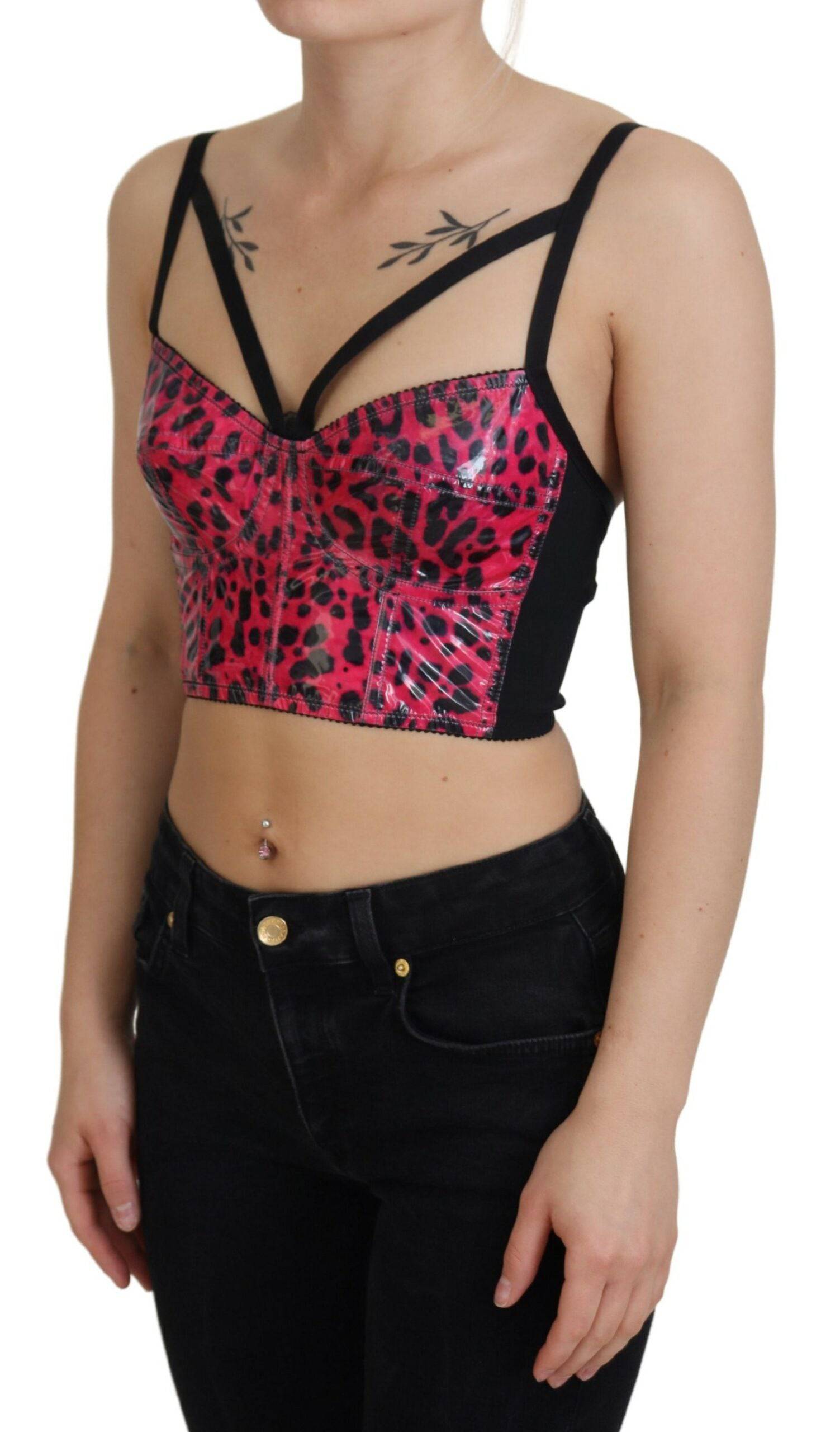 Corset court à imprimé léopard rose de Dolce & Gabbana, bustier crop top élégant en tissu tendance.