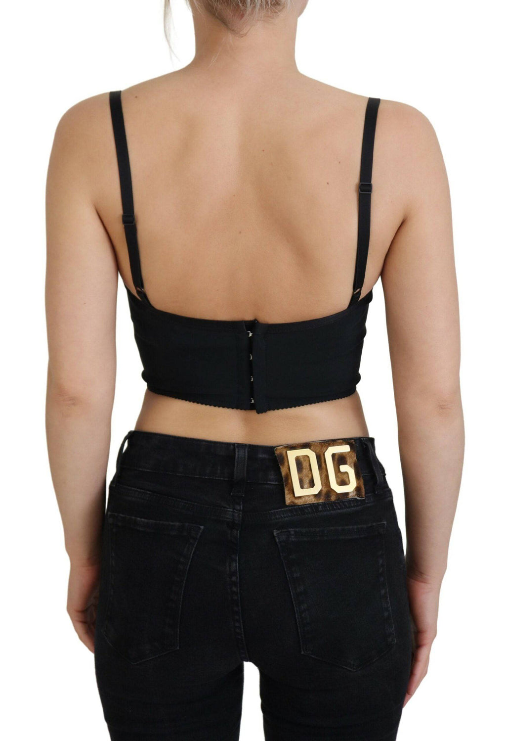 Corset court de marque Dolce & Gabbana avec imprimé léopard rose, style cropped bustier en tissu élégant.