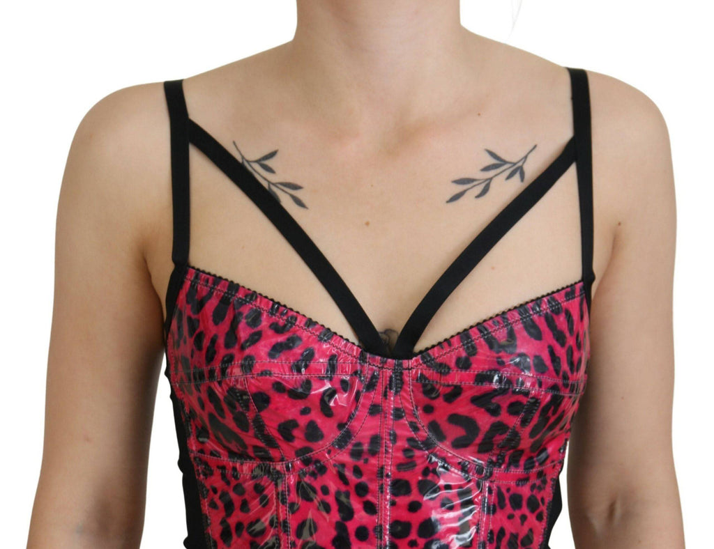 Top bustier court Dolce & Gabbana à motif léopard rose, corset élégant en tissu à imprimé animal.