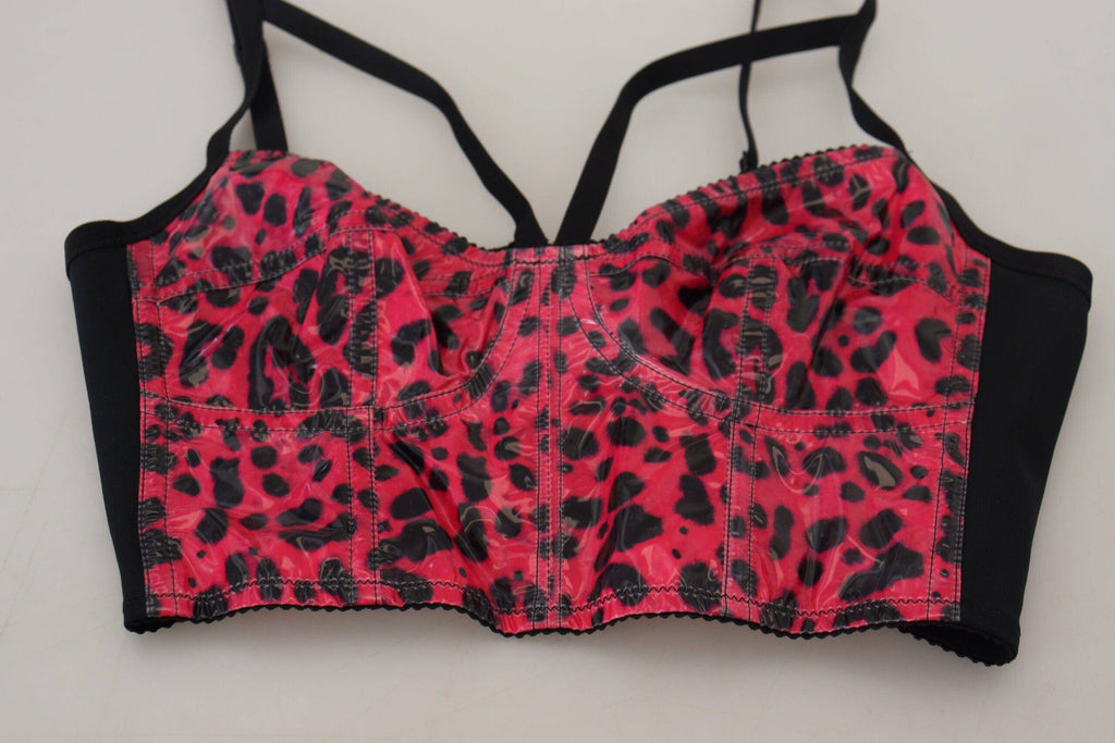 Corset court Dolce & Gabbana à imprimé léopard rose, bustier crop-top élégant et tendance.