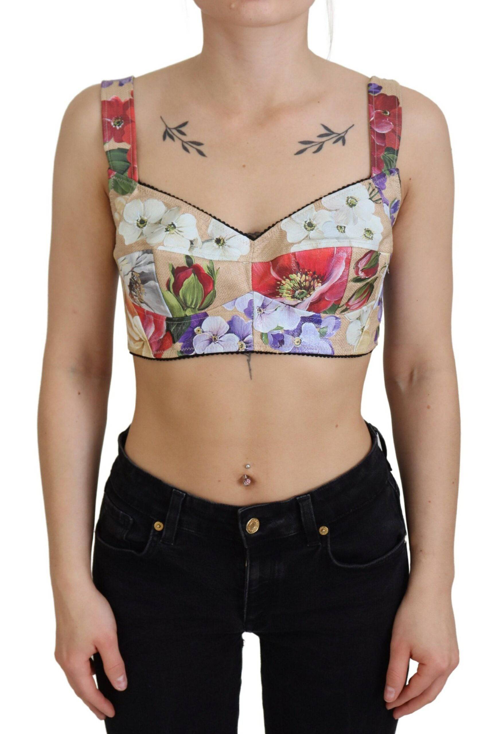 Corset bustier crop top multicolore avec motifs floraux de Dolce & Gabbana, ajusté et élégant, visible dans l'image.