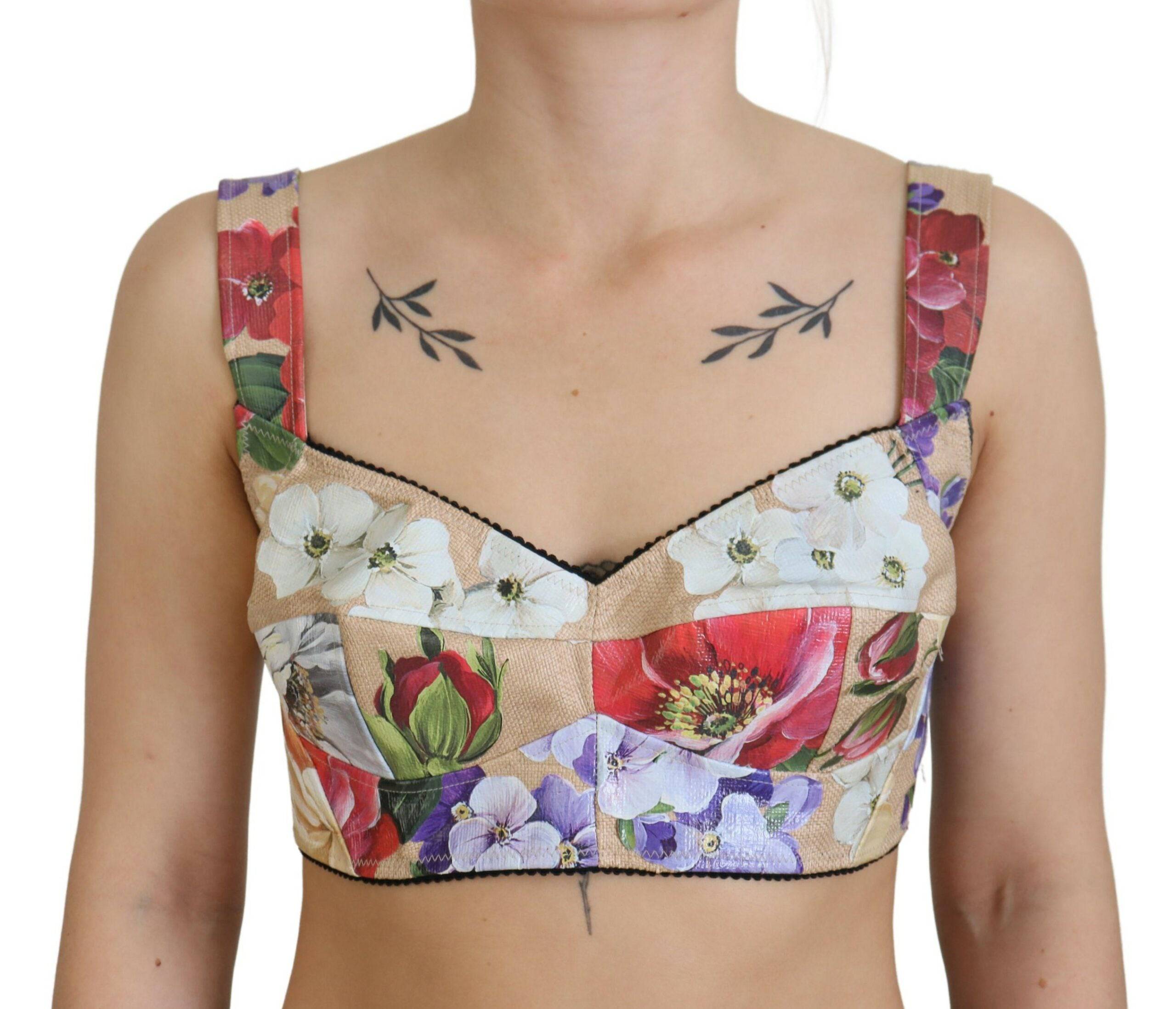 Corset court Dolce & Gabbana à fleurs multicolores, bustier crop top élégant avec motif floral vibrant.