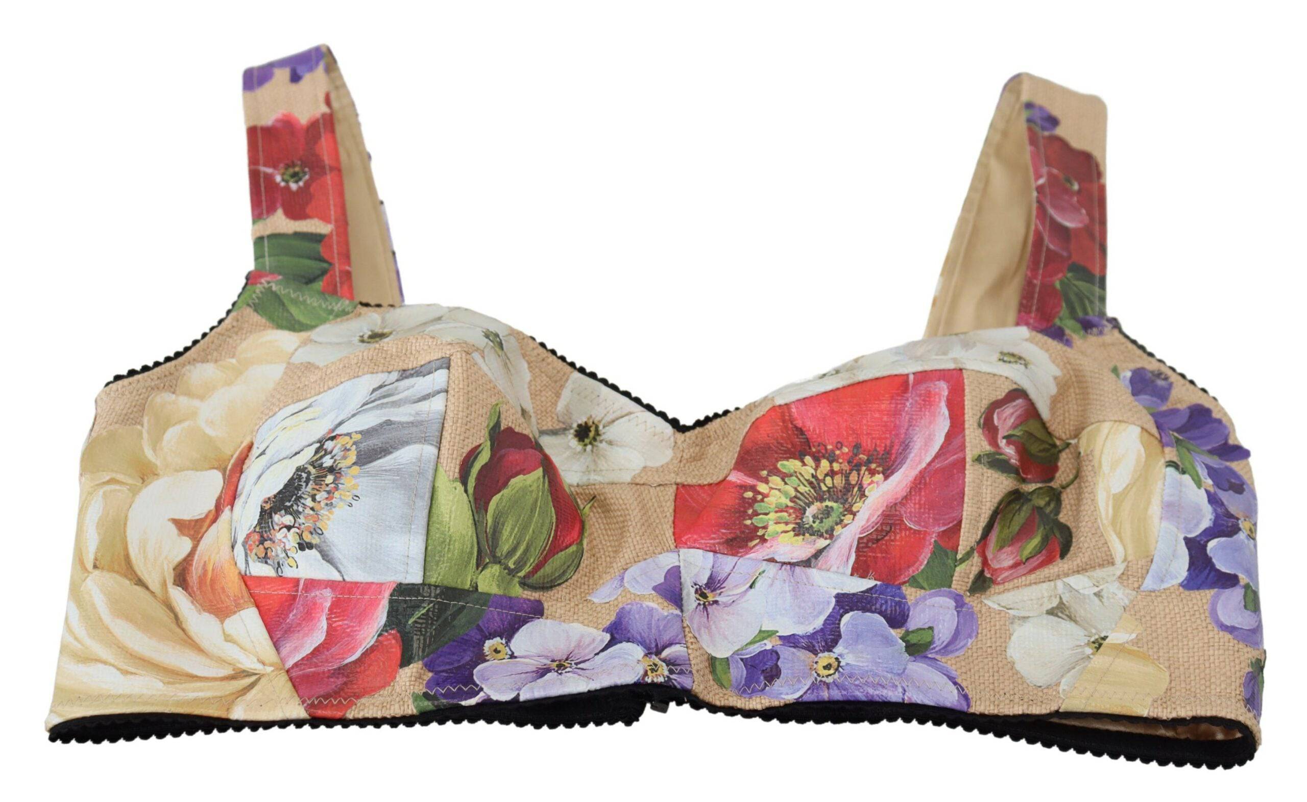Corset bustier court Dolce & Gabbana à fleurs multicolores, style crop top, détails floraux colorés et design élégant.