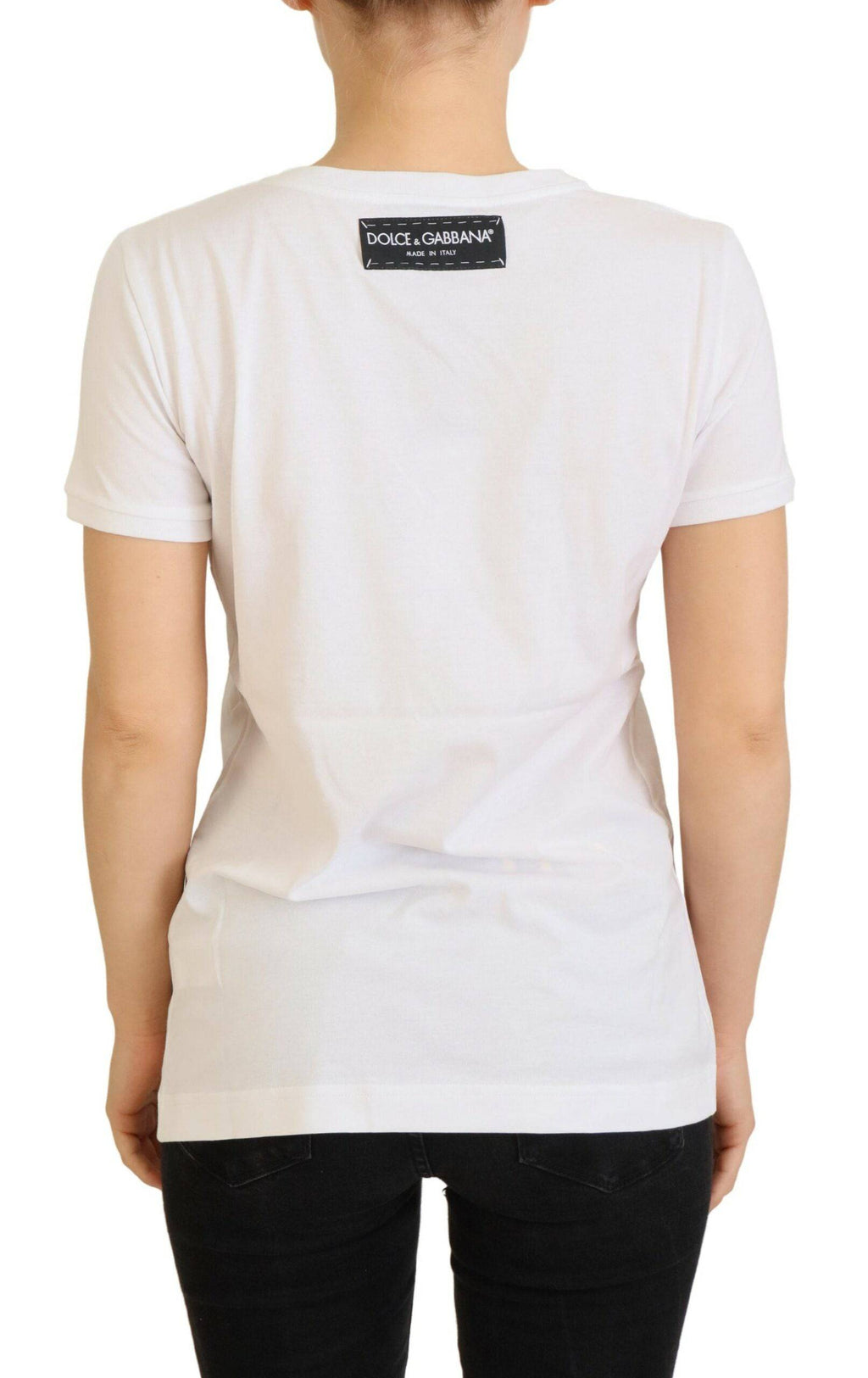 T-shirt blanc Dolce & Gabbana à texture, manches courtes et design élégant visible sur l'image.