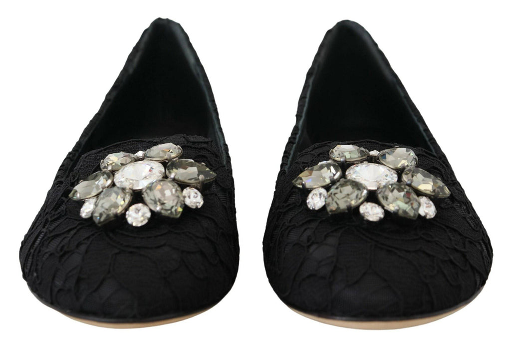 Chaussures plates en dentelle noire Dolce & Gabbana Taormina avec cristaux, élégantes et sophistiquées.