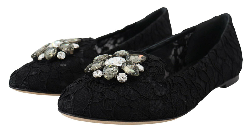 Chaussures plates Dolce & Gabbana Taormina en dentelle noire avec cristaux, élégantes et raffinées.