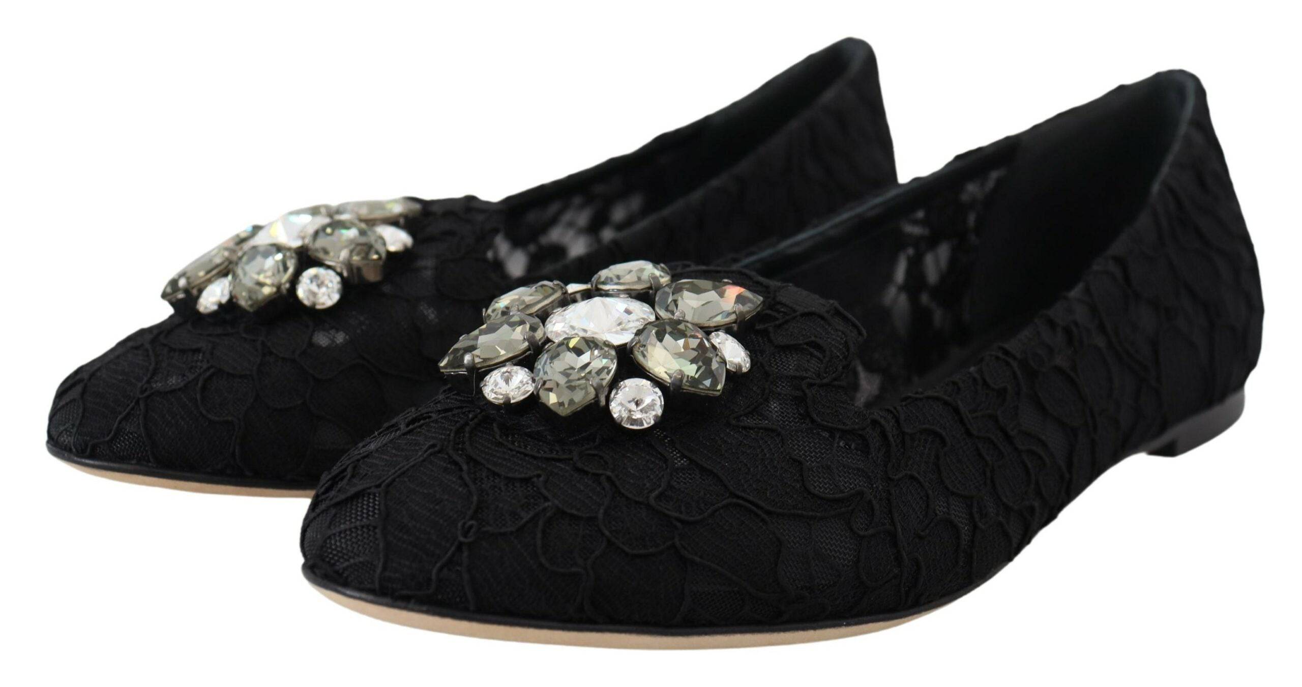 Chaussures plates Dolce & Gabbana Taormina en dentelle noire avec cristaux, élégantes et raffinées.