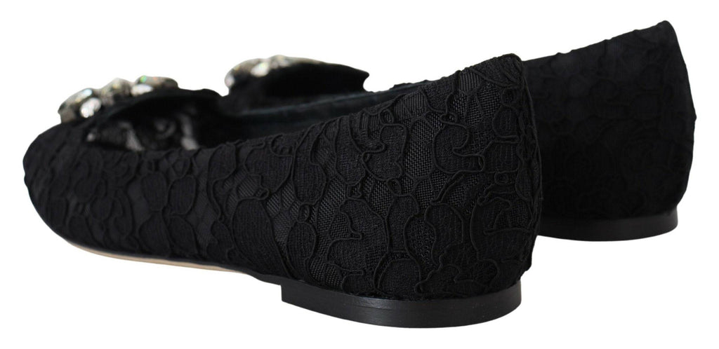 Chaussures plates Dolce & Gabbana Taormina en dentelle noire ornée de cristaux, élégantes et sophistiquées.