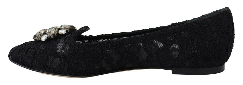 Chaussures plates noires Dolce & Gabbana Taormina en dentelle avec cristaux, élégantes et sophistiquées.