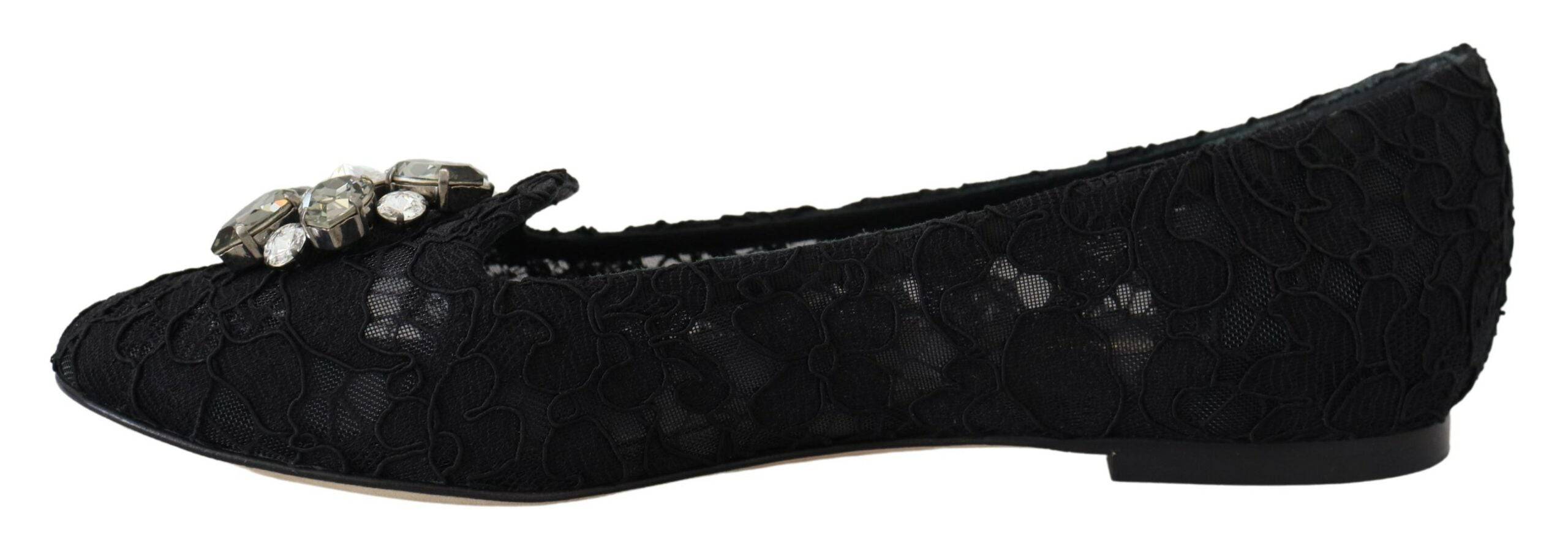 Chaussures plates noires Dolce & Gabbana Taormina en dentelle avec cristaux, élégantes et sophistiquées.