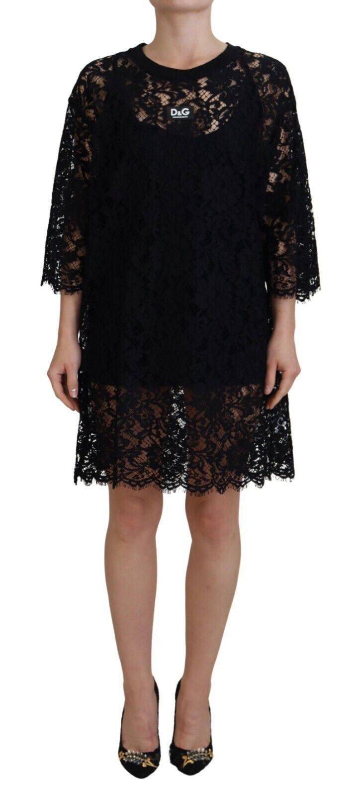 Robe courte noire en dentelle florale en coton de Dolce & Gabbana, style chemise légère avec détails élégants.