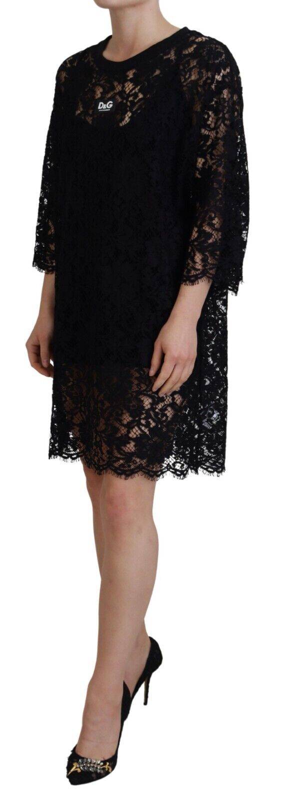 Robe courte en coton noir à fleurs en dentelle Dolce & Gabbana, style chemise décontractée avec détails floraux élégants.