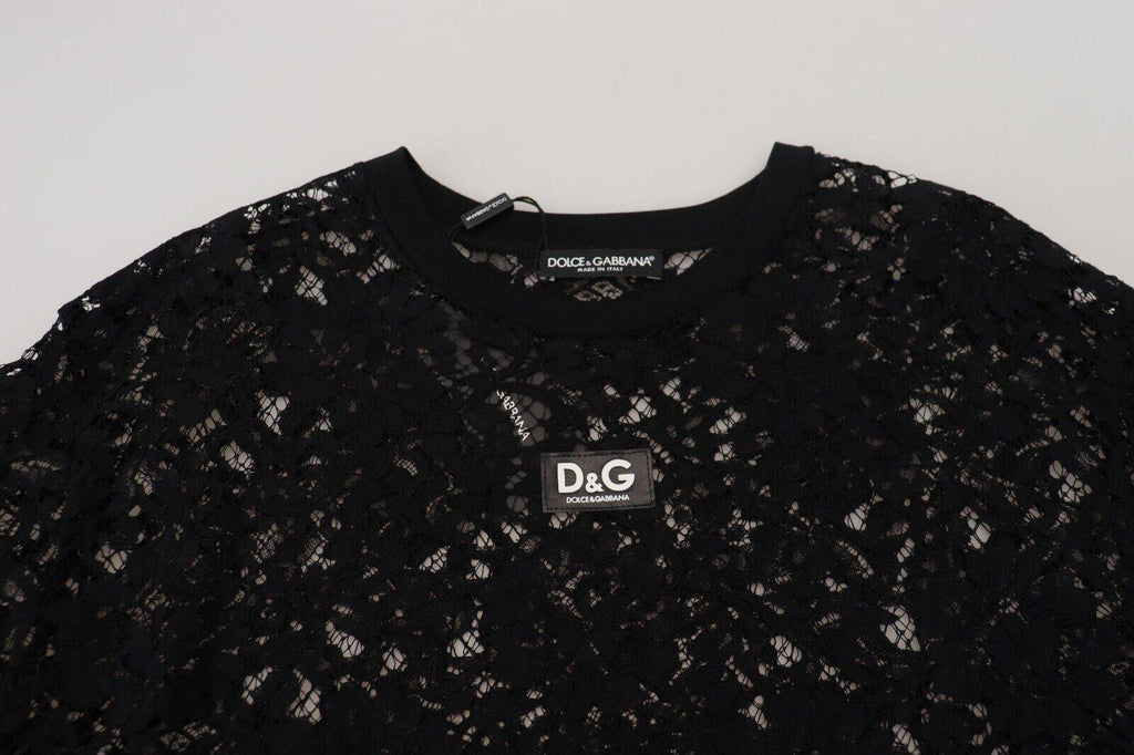 Robe courte noire en dentelle florale en coton de Dolce & Gabbana, style shift, élégante et féminine, visible avec détails de dentelle.