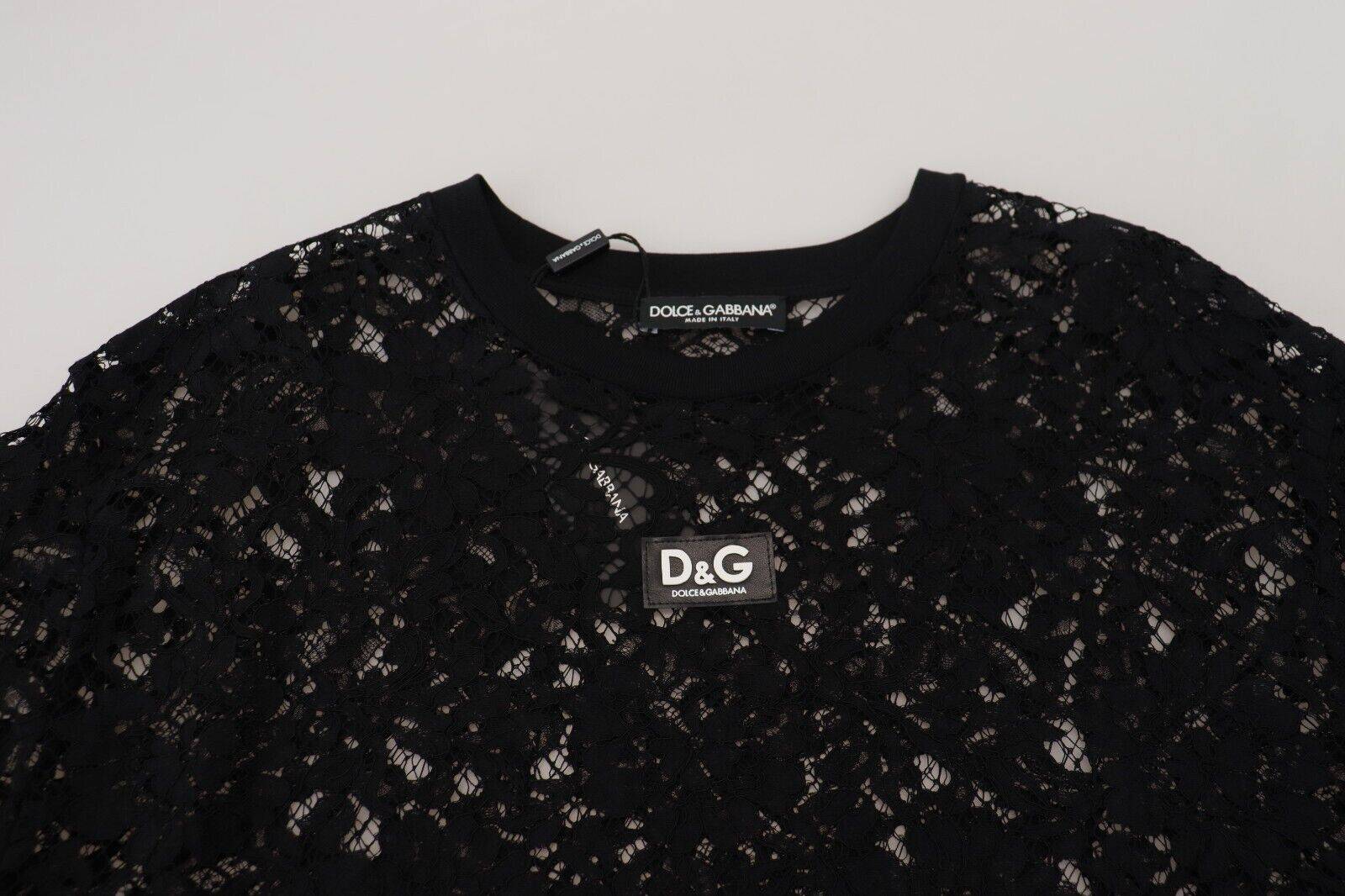 Robe courte noire en dentelle florale en coton de Dolce & Gabbana, style shift, élégante et féminine, visible avec détails de dentelle.