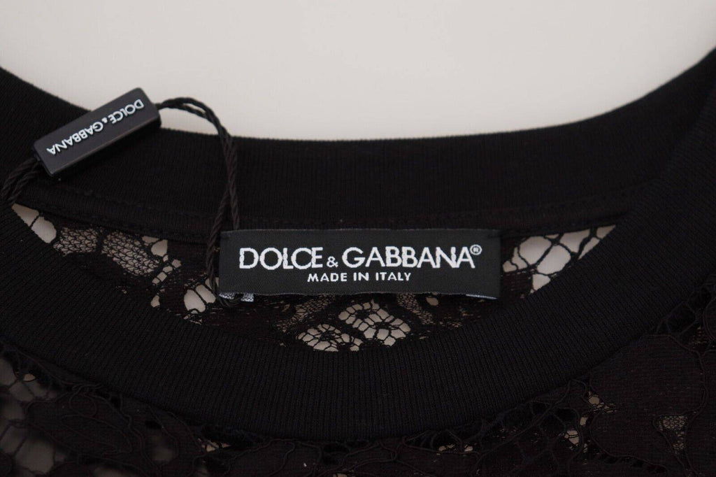 Robe courte noire en dentelle florale en coton de Dolce & Gabbana, style chemise sans manches, élégante et féminine.