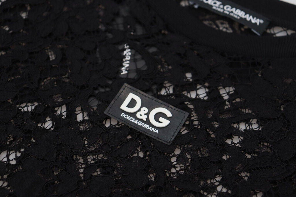 Robe courte noire en dentelle florale en coton de Dolce & Gabbana, style shift, élégante et raffinée.