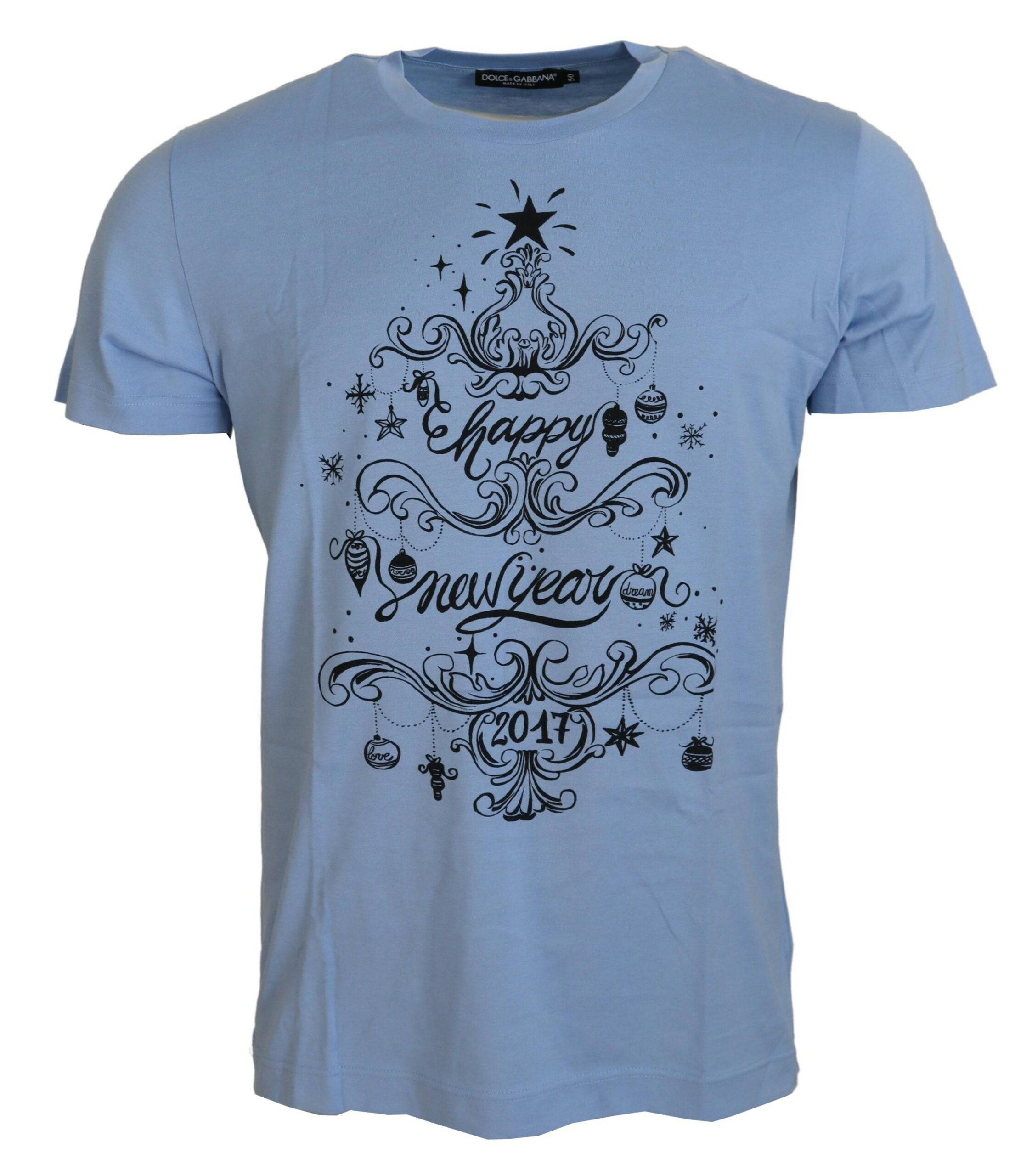 T-shirt en coton Dolce & Gabbana Light Blue Happy New Year 2017, design coloré et graphique, vue de face.