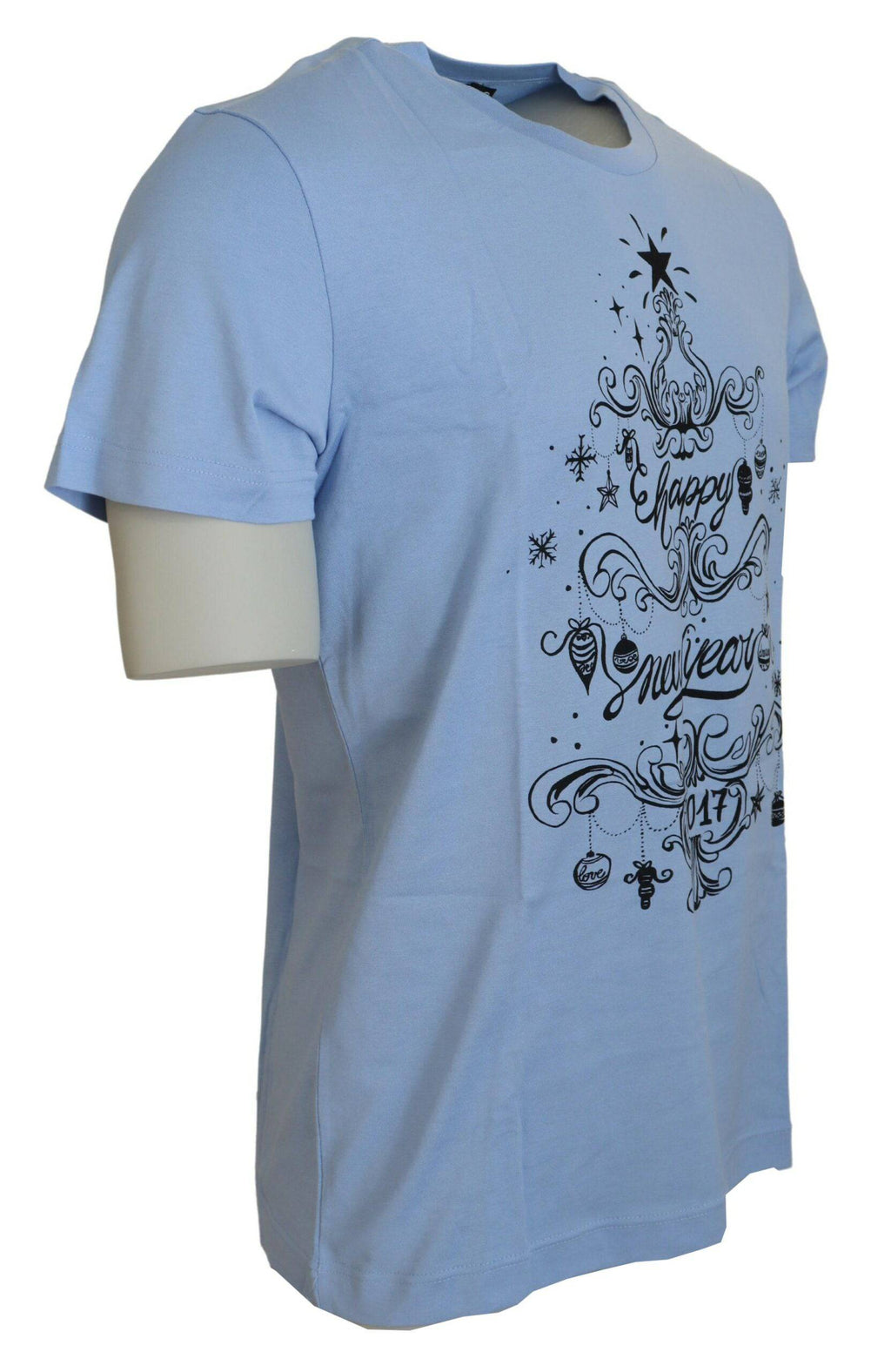 T-shirt en coton Light Blue Happy New Year 2017 de Dolce & Gabbana, avec design festif et logo de la marque.