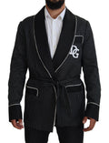 Veste blazer noire Dolce & Gabbana pour homme avec rayures et patch DG visible, style élégant et moderne.