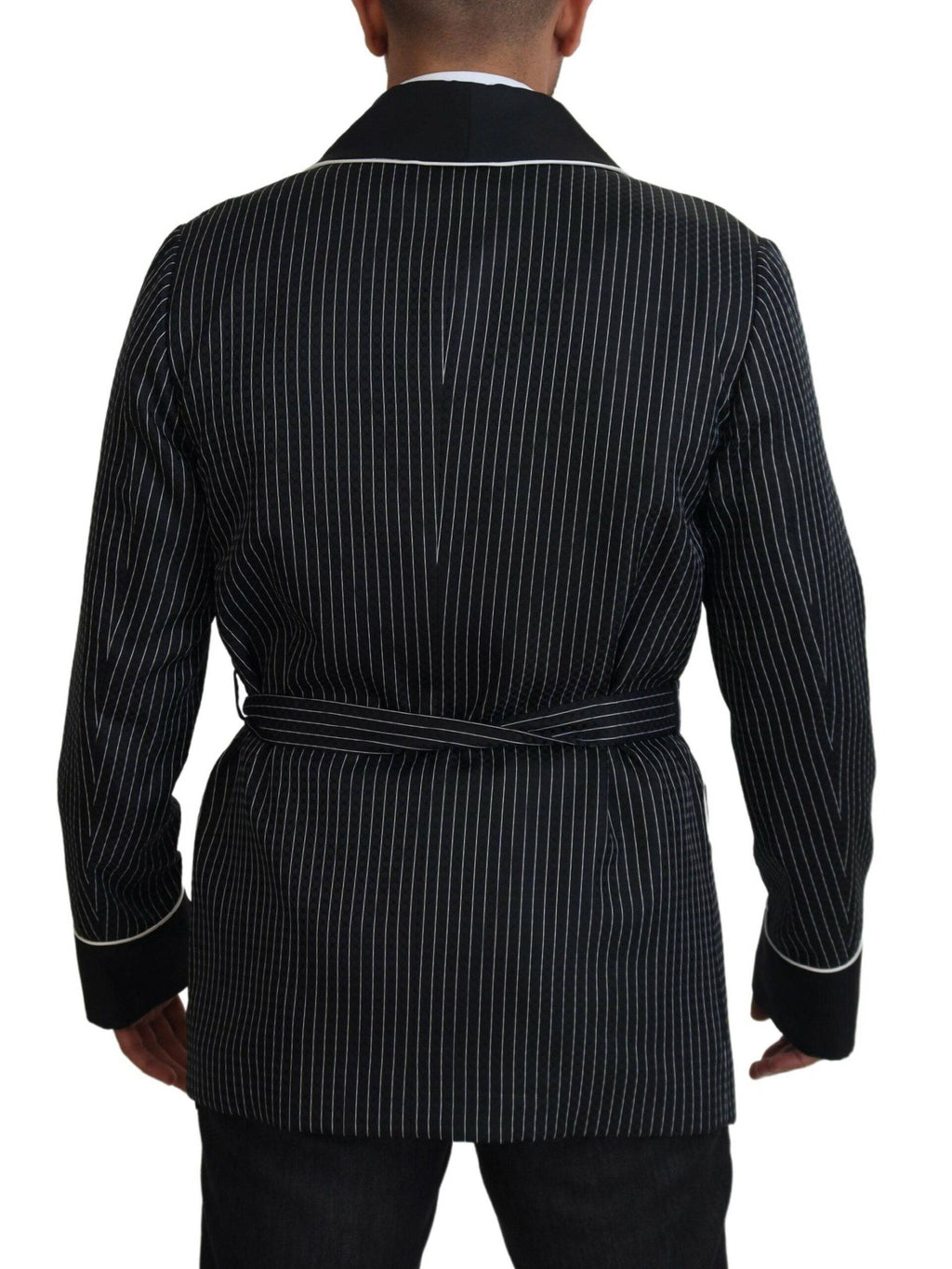 Veste blazer noire pour homme Dolce & Gabbana avec rayures, patch DG, style élégant et moderne.