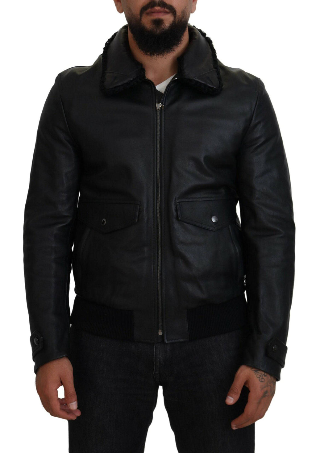 Veste pour homme en cuir d'agneau noir avec col en laine, de la marque Dolce & Gabbana, affichant un style élégant et sophistiqué.