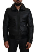 Veste pour homme en cuir d'agneau noir avec col en laine, de la marque Dolce & Gabbana, affichant un style élégant et sophistiqué.