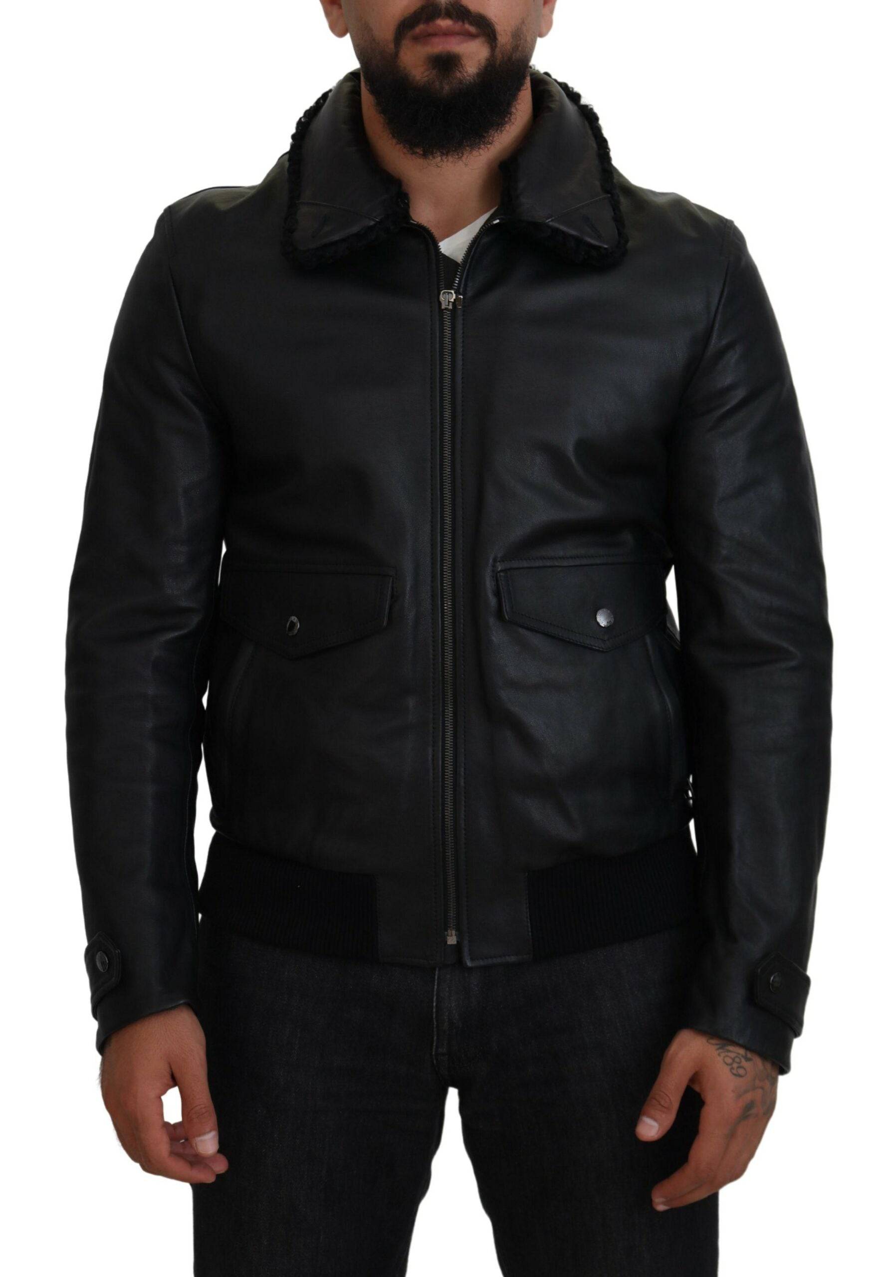 Veste pour homme en cuir d'agneau noir avec col en laine, de la marque Dolce & Gabbana, affichant un style élégant et sophistiqué.