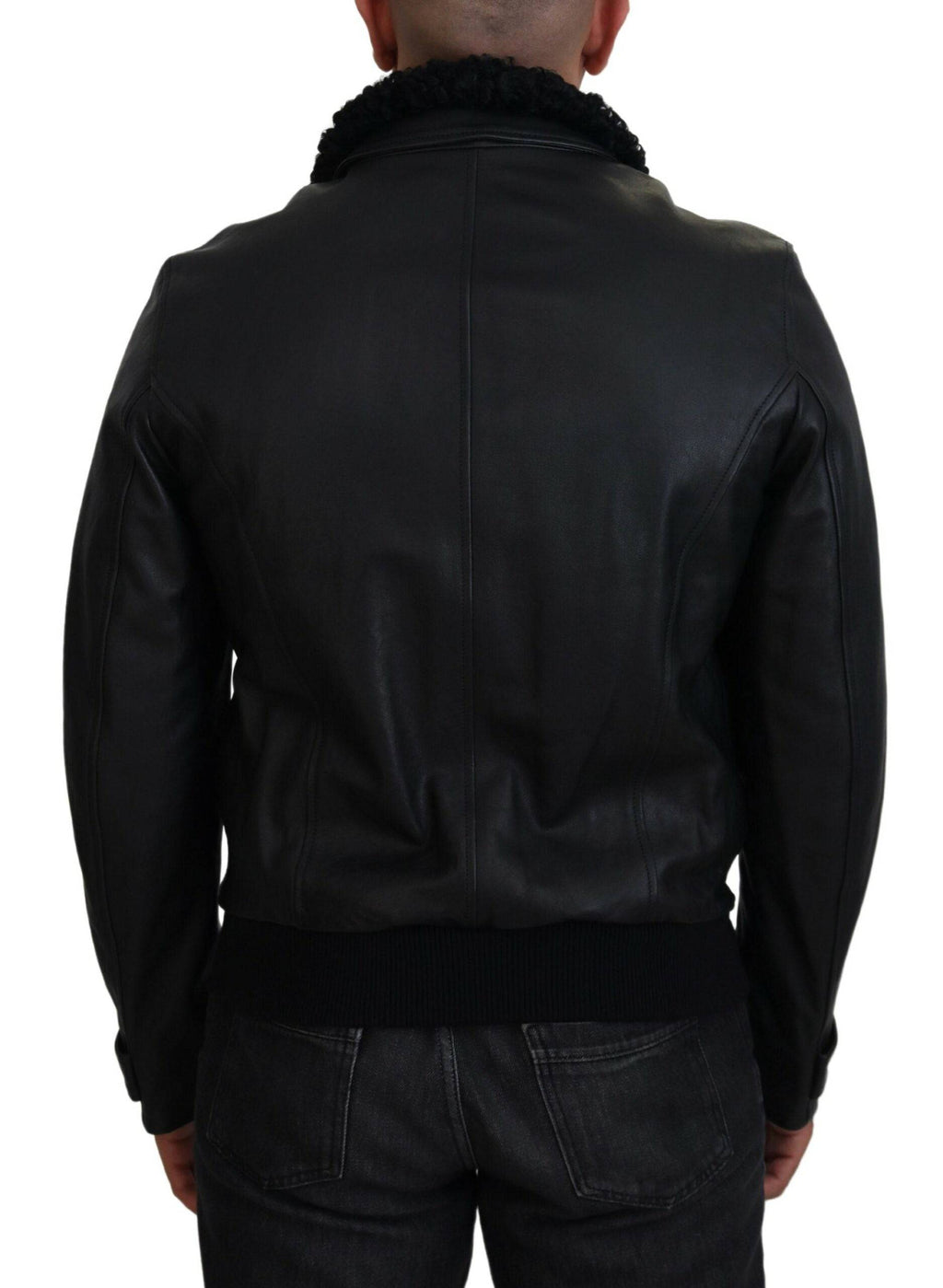 Manteau pour homme Dolce & Gabbana en cuir d'agneau noir avec col, élégant et doublé, vu de face.