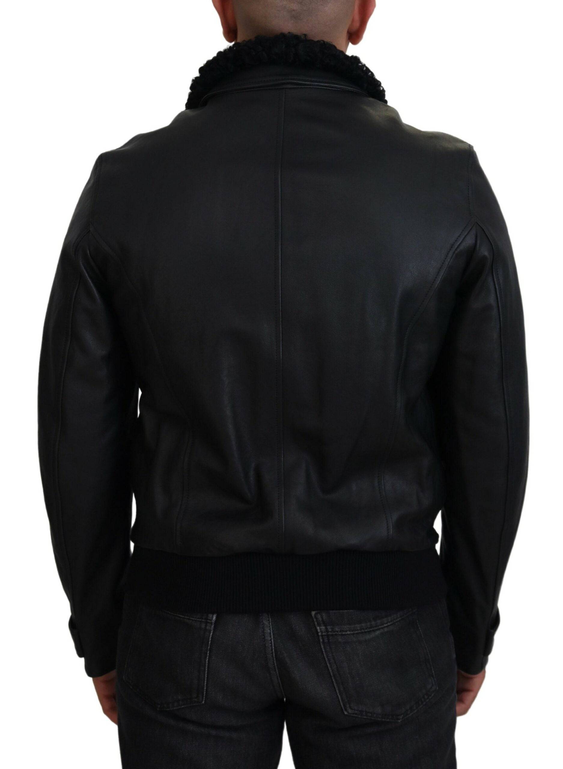 Manteau pour homme Dolce & Gabbana en cuir d'agneau noir avec col, élégant et doublé, vu de face.